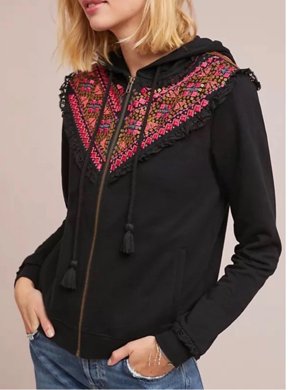 Anthropologie Black Hooded Zip Jacket with Pink Embroiderey size M